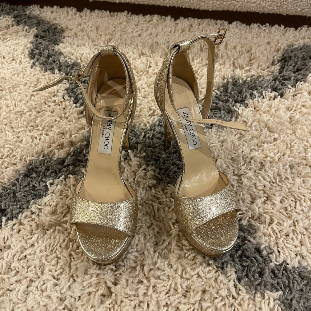 Jimmy Choo gold leather glittery sandals 38.5